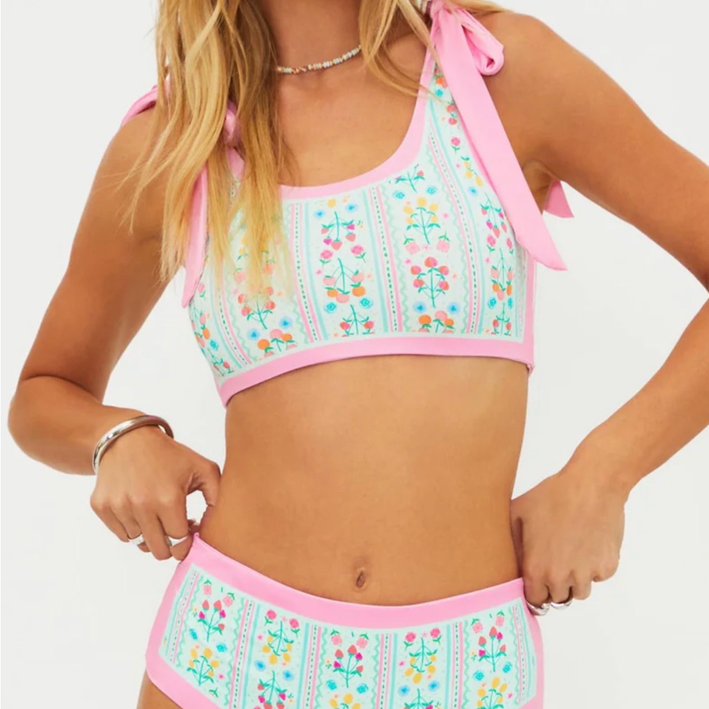 Pink Floral Tie-Shoulder Swim Top And Bottom Set